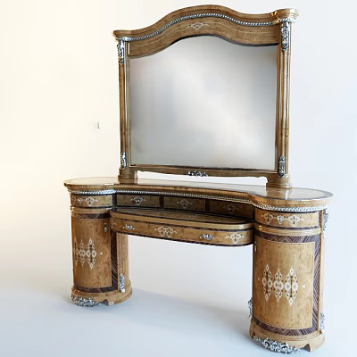 Vintage Wooden Dressing Table With Carved Details Curved Top And Mirror 3d model
