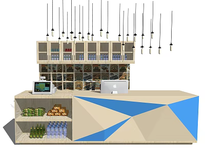 Modern Reception Desk With Beige Blue Geometric Design Countertop Equipment And Shelves Hanging Lights 3d model