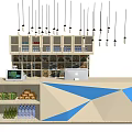 Modern Reception Desk With Beige Blue Geometric Design Countertop Equipment And Shelves Hanging Lights