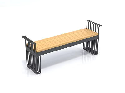 Public Bench with Wooden Seat Black Metal Frame and Sturdy Armrests for Outdoor Use 3d model