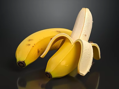 Fresh Yellow Bananas Two One Peeled on Black Background with Reflection 3d model