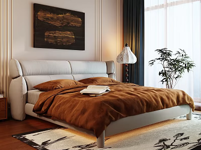Modern Double Bed With Grey Headboard Brown Bedding Floor Lamp Potted Plant And Rug 3d model