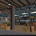 Modern Supermarket Interior With Fresh Fruits Vegetables Bakery Section Wooden Crates And Geometric Ceiling