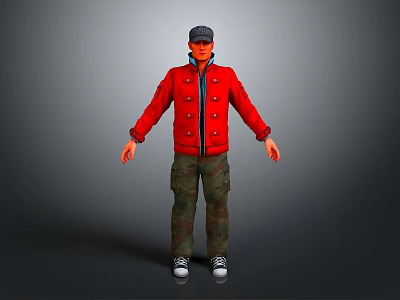 Game Movie Character Wearing Red Buttoned Jacket Camouflage Pants Gray Cap And White Sneakers 3d model