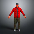 Game Movie Character Wearing Red Buttoned Jacket Camouflage Pants Gray Cap And White Sneakers