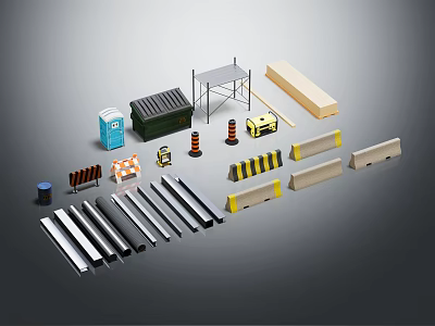 Road Construction Safety Equipment With Traffic Cones Guard Rails Barriers Warning Signs And Scaffolding 3d model
