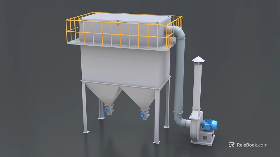 Industrial Equipment With Yellow Guardrail Dual Cone Bottom And Blue Motor Piping System 3d model 