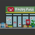 Cartoon Scene of Happy Post Office with Green Sign Red Mailbox and Sidewalk Elements