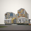 Modern School Building With Glass Facade Sloped Roof And Green Lawns By Road