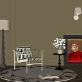 Stylish Black And White Striped Lounge Chair With Floor Lamp Floral Vase And Round Rug