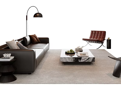 Black Leather Sofa With Accent Chair And Marble Top Coffee Table Set On Light Rug 3d model