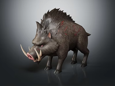 3D Wild Boar Character With Sharp Tusks Spiky Mane And Red Scars 3d model