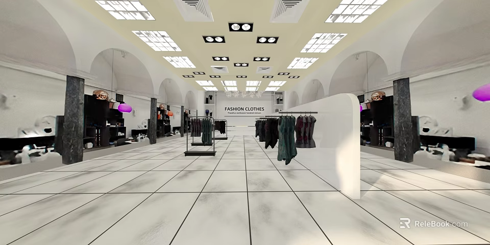 Spacious Fashion Clothing Store Interior With Bright Ceiling Lights Clothing Racks And Mannequins 3d model 