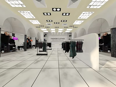 Spacious Fashion Clothing Store Interior With Bright Ceiling Lights Clothing Racks And Mannequins 3d model