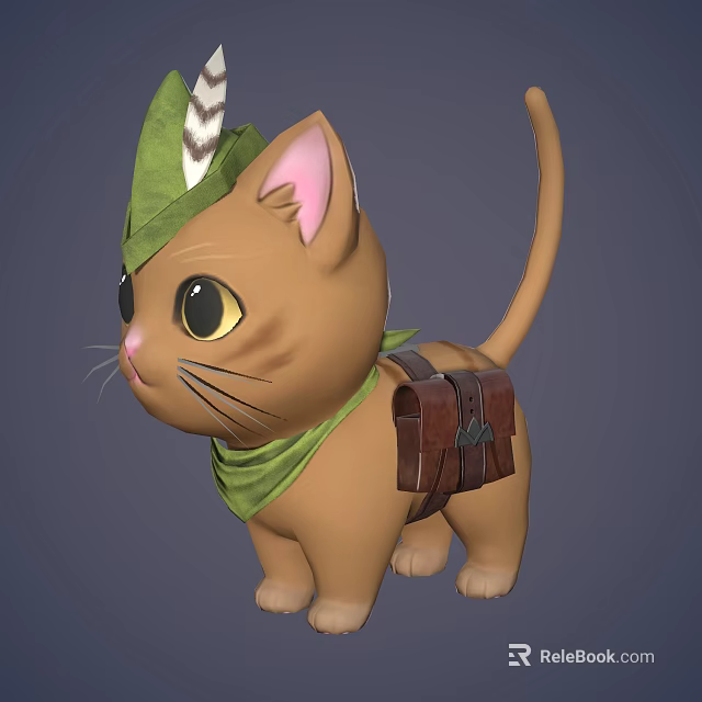 Cute Brown Kitten Wearing Green Feather Hat Green Scarf And Brown Small Backpack 3d model 