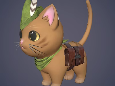 Cute Brown Kitten Wearing Green Feather Hat Green Scarf And Brown Small Backpack 3d model