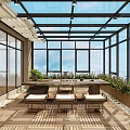 Villa Balcony Design With Glass Roof Wooden Flooring And Greenery