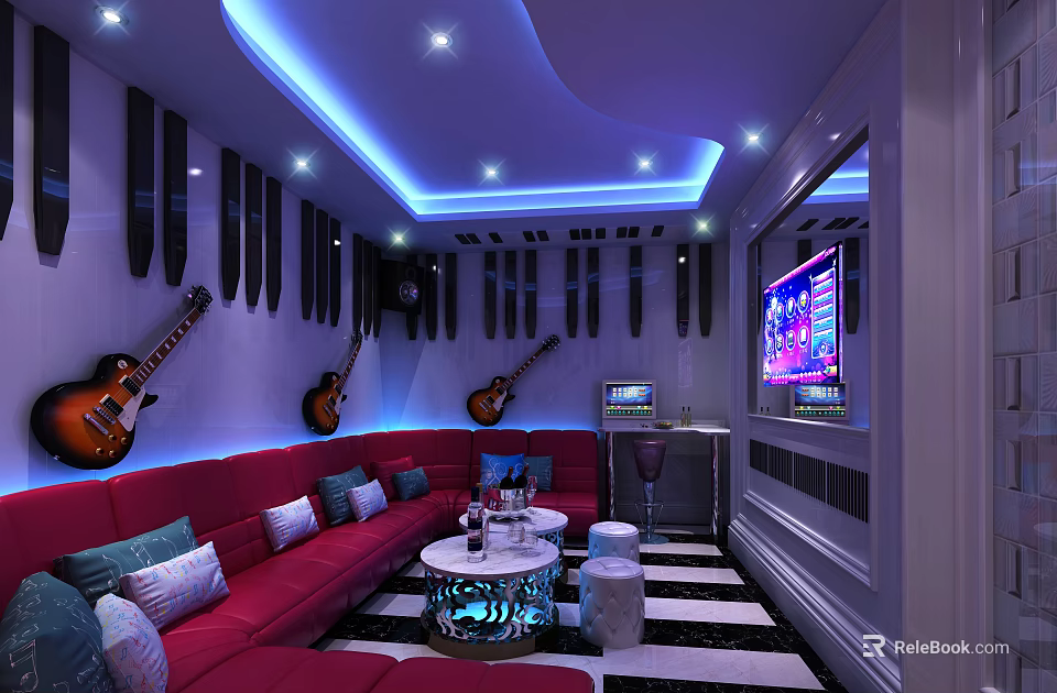 KTV Room Interior With Red Sofas Guitar Decorations Blue Lighting And TV Screen 3d model 