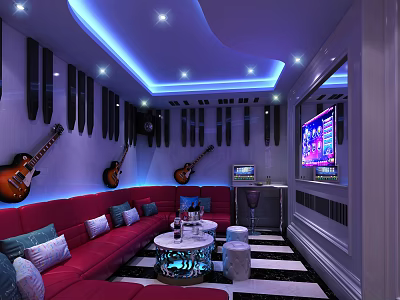 KTV Room Interior With Red Sofas Guitar Decorations Blue Lighting And TV Screen 3d model
