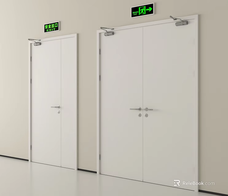 White Double Doors With Green Exit Signs Installed In Building Interior 3d model 
