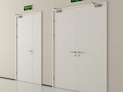 White Double Doors With Green Exit Signs Installed In Building Interior 3d model