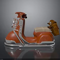 Red Scooter Model With Brown Bag And Silver Details On Reflective Surface