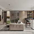 Modern Living And Dining Room Interior With Open Concept Sofa Dining Table And Green Plants