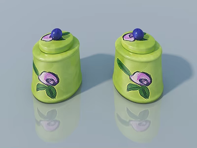 Green Jars With Lids Featuring Pink Flowers Green Leaves And Blue Balls 3d model