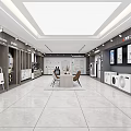 Modern Kitchen Showroom Interior With Marble Island Cabinets Appliances And Dining Chairs