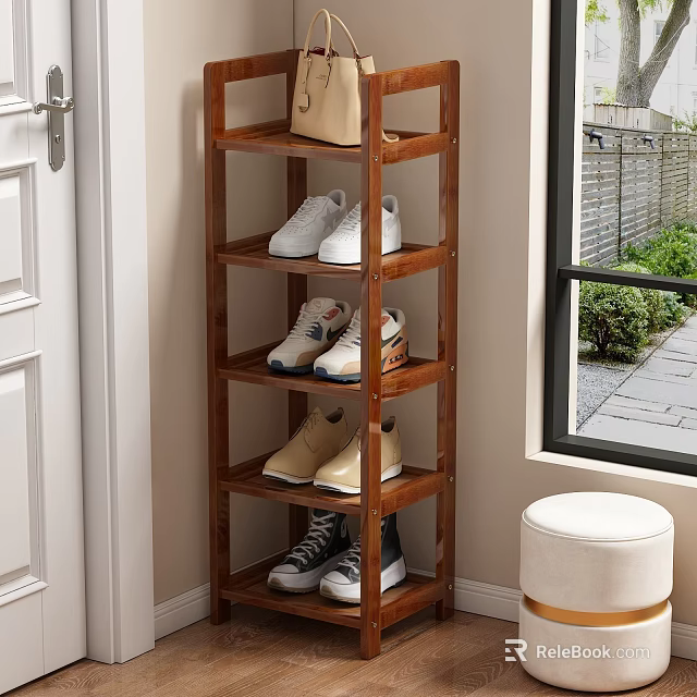 Multi Tier Wooden Shoe Rack with Various Shoes and White Stool Near Door 3d model 