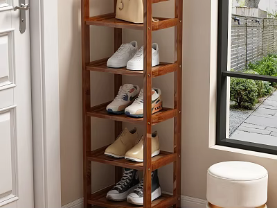 Multi Tier Wooden Shoe Rack with Various Shoes and White Stool Near Door 3d model