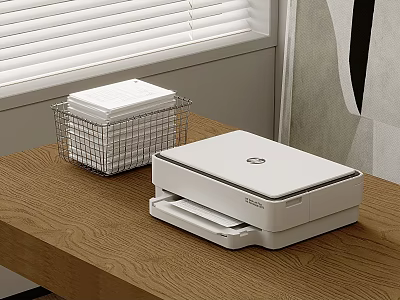 White Office Printer on Wooden Desk with Metal Wire Basket and Tissue Papers 3d model