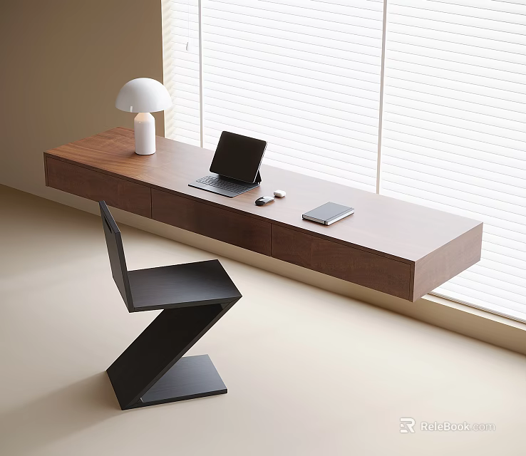 Modern Wooden Desk Interior With Laptop Table Lamp And Black Chair By Window Blinds 3d model 