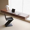 Modern Wooden Desk Interior With Laptop Table Lamp And Black Chair By Window Blinds