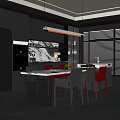 Modern Restaurant Interior Design With Dark Cabinets Marble Counter Dining Table And Chairs