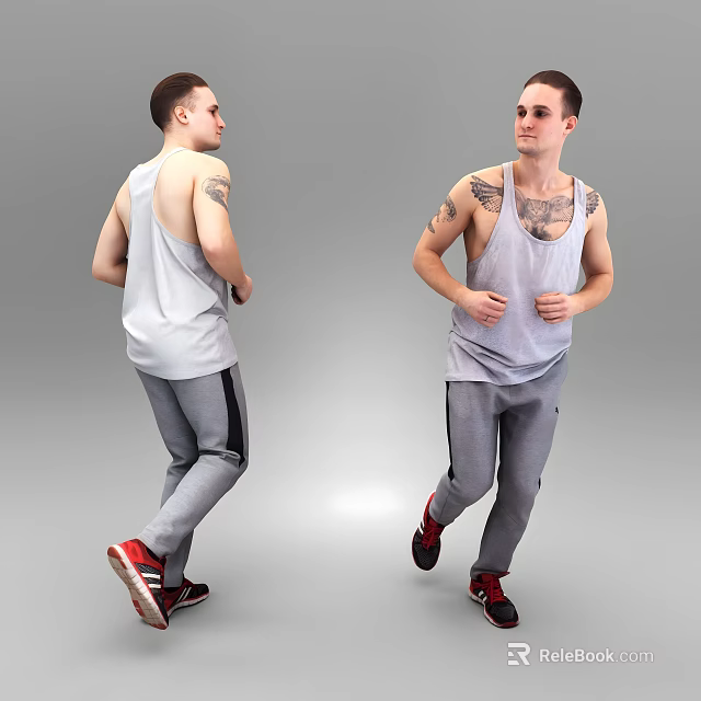 Man In Gray Tank Top And Gray Sweatpants With Arm Tattoos Running In Red Sneakers 3d model 