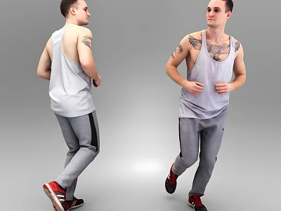 Man In Gray Tank Top And Gray Sweatpants With Arm Tattoos Running In Red Sneakers 3d model