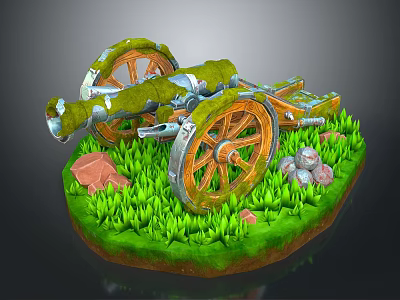 Vintage Cannon 3D Model With Rustic Wheels Green Grass And Stones 3d model