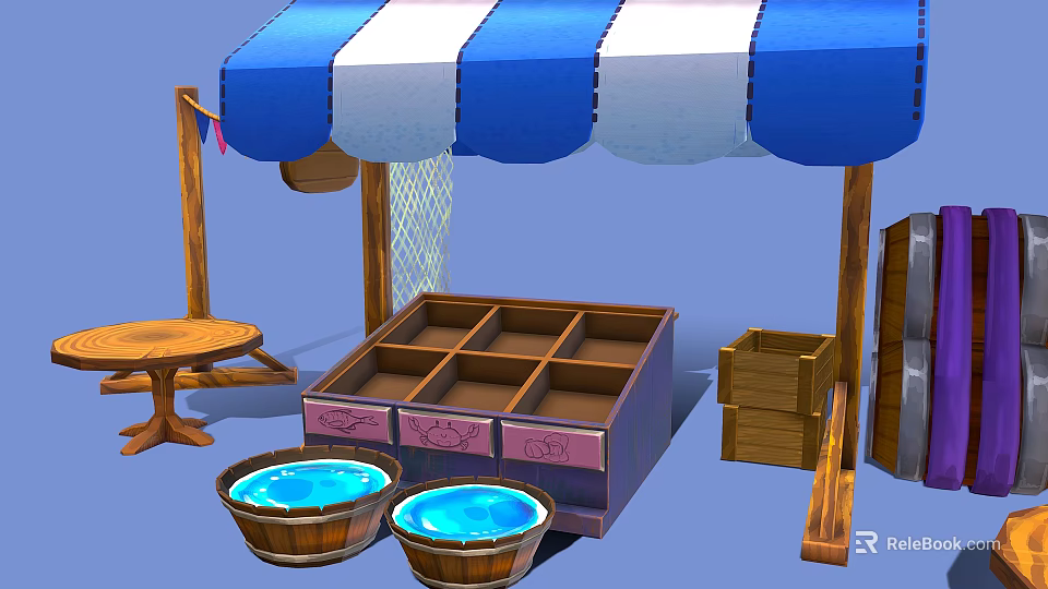 Charming Market Stall With Blue White Striped Awning Wooden Shelf Buckets And Table 3d model 