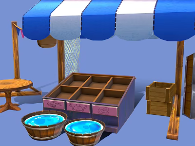 Charming Market Stall With Blue White Striped Awning Wooden Shelf Buckets And Table 3d model