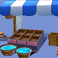 Charming Market Stall With Blue White Striped Awning Wooden Shelf Buckets And Table