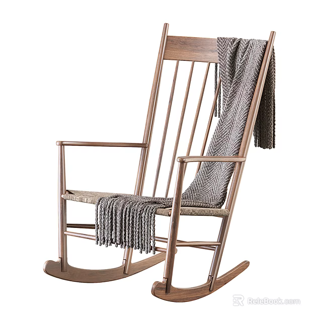 Comfortable Leisure Rocking Chair With Wooden Frame Woven Seat And Gray Knitted Blanket 3d model 