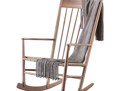 Comfortable Leisure Rocking Chair With Wooden Frame Woven Seat And Gray Knitted Blanket 3d model