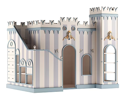 Colorful Castle Shaped Play Equipment With Blue White Striped Towers Arches Windows And Stairs 3d model