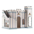 Colorful Castle Shaped Play Equipment With Blue White Striped Towers Arches Windows And Stairs