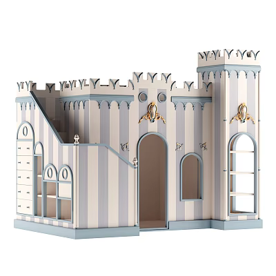 Colorful Castle Shaped Play Equipment With Blue White Striped Towers Arches Windows And Stairs 3d model