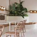 Modern Dessert Shop Interior With White Tables Wooden Chairs And Plants