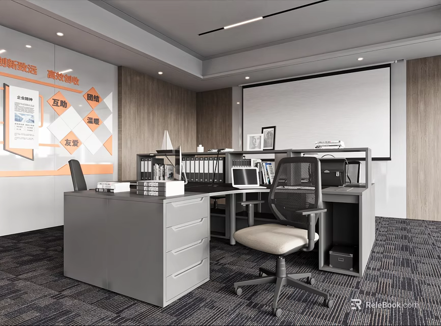 Modern Open Office Interior Design With Desk Chair Filing Cabinets And Projector Screen 3d model 