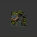 Scenic Cliffside Hotel Building With Waterfall Pine Trees Wooden Dock And Small Boat