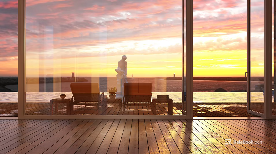 Hotel Public Lounge Area with Wooden Flooring Lounge Chairs and Sea View at Sunset 3d model 